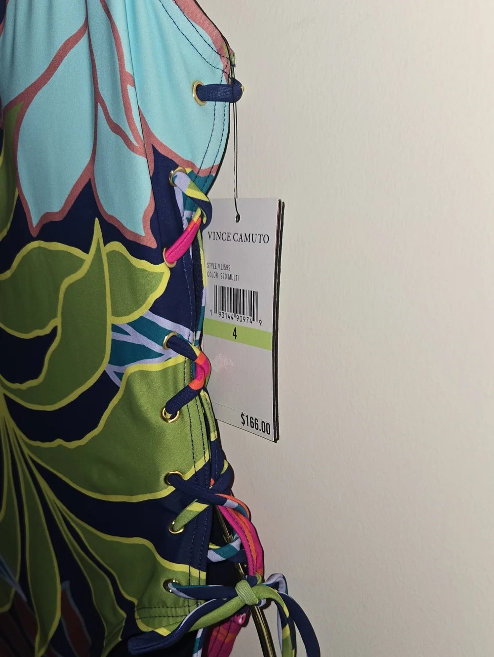 Vince Camuto Multicolor Floral One-Piece Swimsuit Lace-Up Sides NWT Size 4